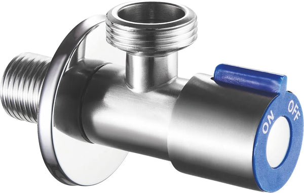 Chrome Plated Stainless Steel Angle Valve used for controlling water flow in plumbing fixtures.
