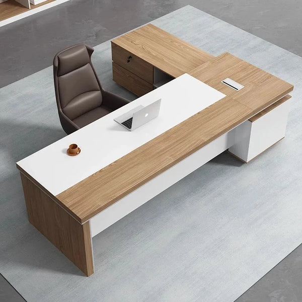 1.9m Modern Wooden Executive Office Desk in a stylish workspace with a laptop and leather chair.