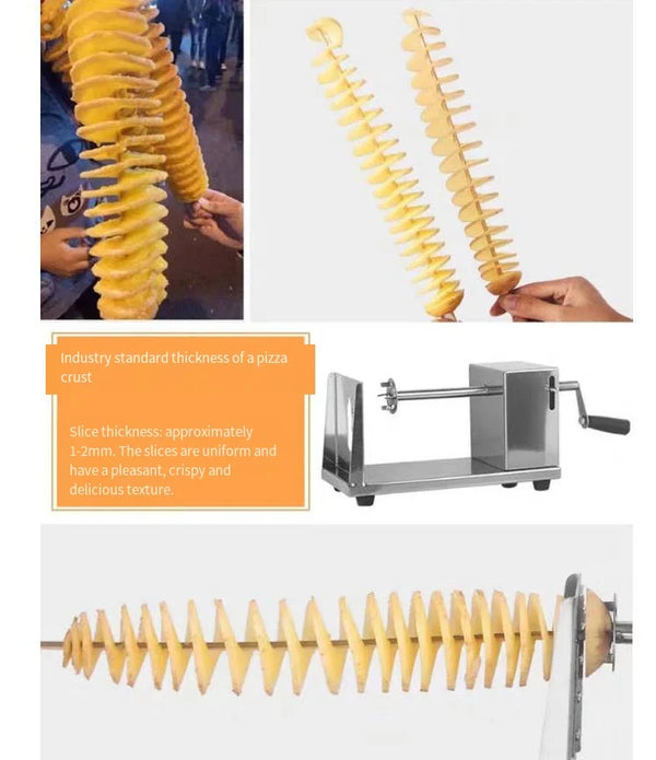 Stainless Steel Spiral Potato Slicer showcasing spiral potato snacks with uniform thickness for crispy texture.