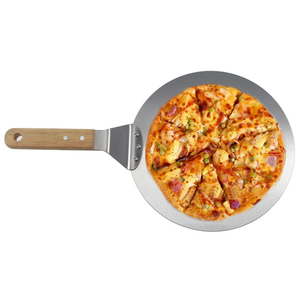 Stainless Steel Round Pizza Peel with Wooden Handle holding a freshly baked pizza with toppings.