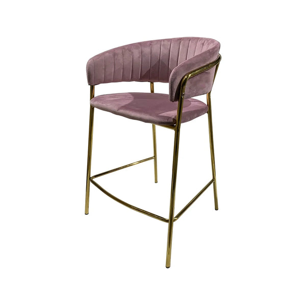 Upholstered Bar Stool with Curved Back and Black Metal Frame featuring a pink fabric seat and sleek design.