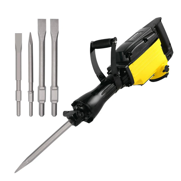 1500W Heavy-Duty Demolition Jack Hammer & Concrete Breaker with four attachments for versatile demolition tasks.