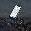 Universal 360-Degree Waterproof Bicycle Phone Holder displayed with a smartphone navigating in the rain.
