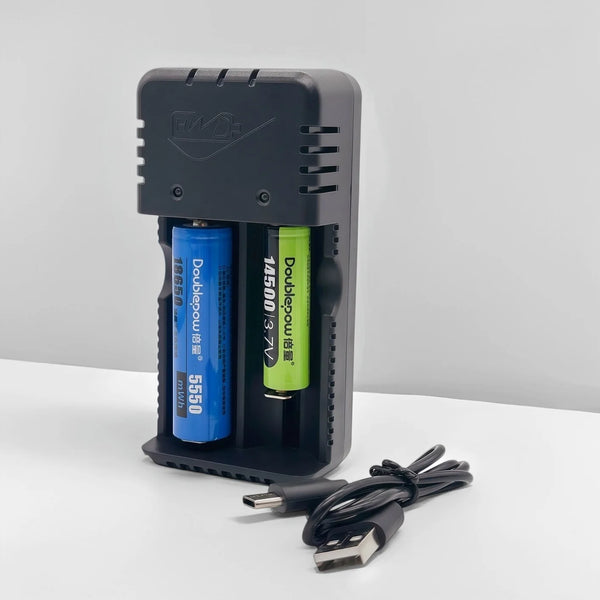 Dual Slot USB Battery Charger with two batteries and USB cables for safe charging.