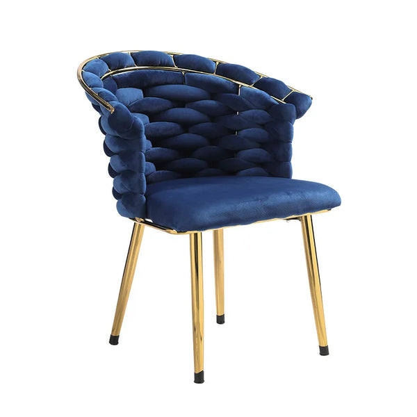 Luxury Rope Accent Dining Chair with Backrest in blue velvet and gold legs for modern living room decor.