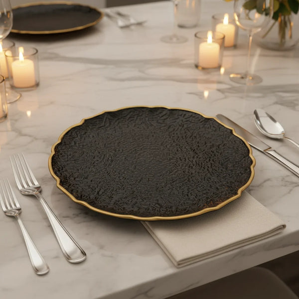 European Vintage Dinner Plate on a marble table with candles, showcasing elegant ceramic decor and fine dining setting.