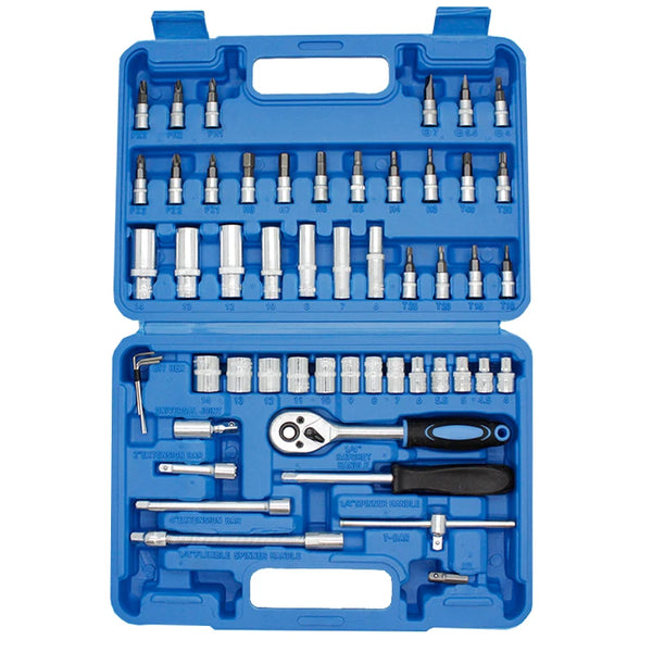 53 Pieces Socket Wrench Set in a blue case showcasing various socket and wrench tools for automotive and household repairs.