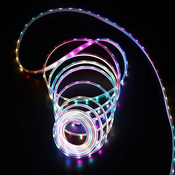 220V High Voltage Light Strip in multicolored coils on a dark background, showcasing flexibility and brightness.