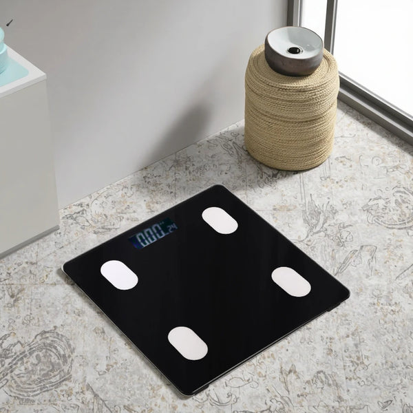 Bluetooth Digital Smart Bathroom Scale with digital display on tiled floor, modern design for health tracking.