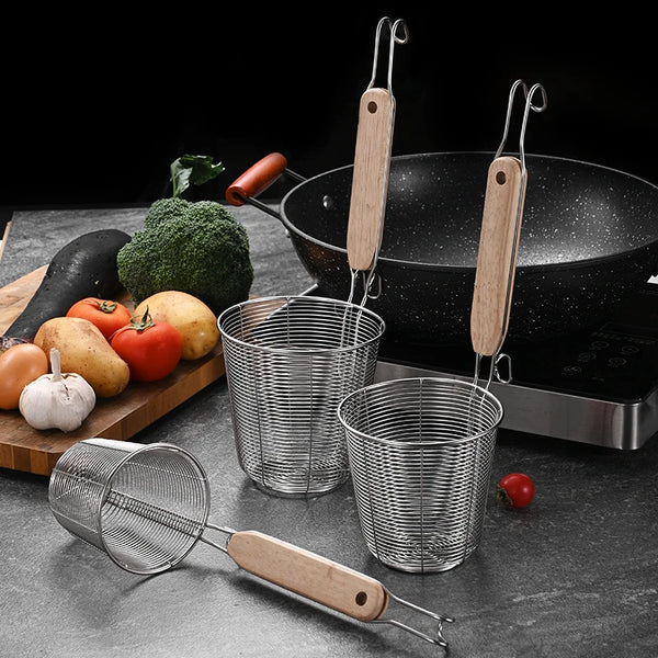 Stainless Steel Frying Basket with Wooden Handle
