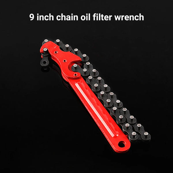 9 Inch Adjustable Chain Oil Filter Wrench showcasing its durable design and adjustable chain mechanism.