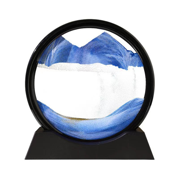 12 inch Round 3D Moving Sand Art Frame showcasing a serene blue and white sandscape on a sleek black base.