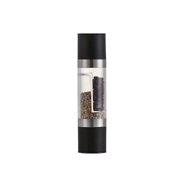 2-in-1 Stainless Steel and Bamboo Manual Grinder with dual chambers for salt and pepper.