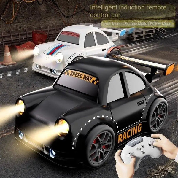 2.4GHz RC Drift Remote Control Racing Car showcasing black and white toy cars on a racing track with remote control.