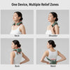 Cordless Neck Massager Machine showing relief zones for neck, shoulder, back, and waist with a woman using it.