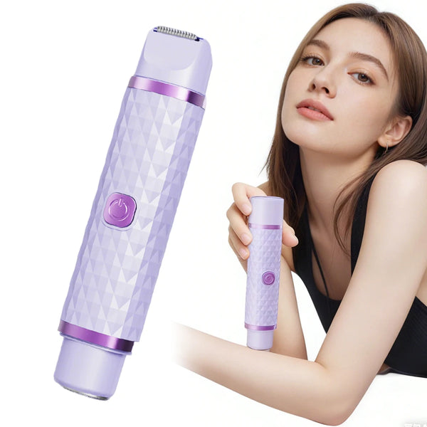 2-in-1 Electric Facial and Body Hair Remover shown with model, compact grooming tool for hair-free skin.