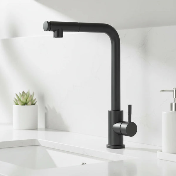 Matte Black Single Handle Kitchen Sink Faucet on modern countertop with minimalist design elements.