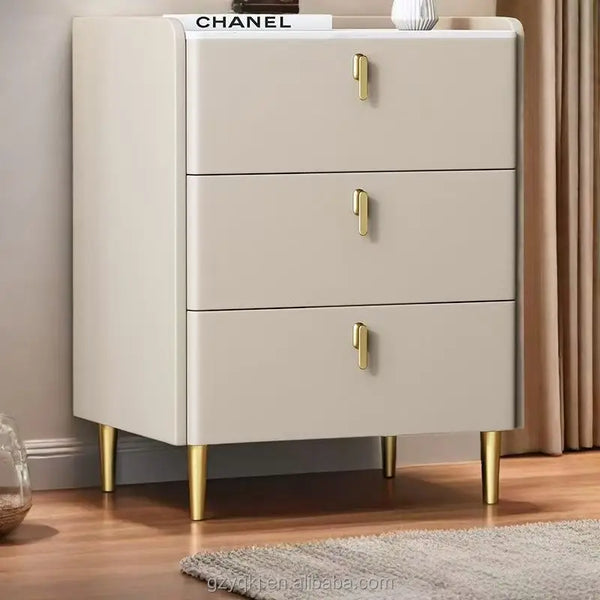 Modern Minimalist Solid Wood Wireless Nightstand with Storage Cabinet featuring three drawers and gold accents.