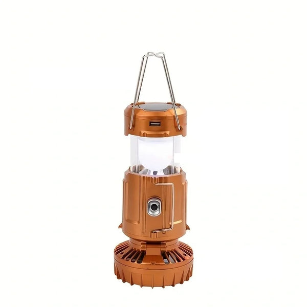 Solar LED Camping Lamp with Fan in orange color, ideal for outdoor adventures and power outages.