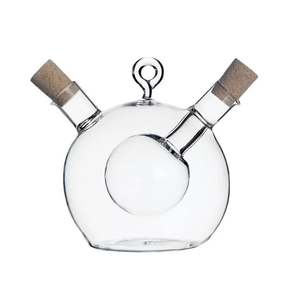 Dual-Core Borosilicate Glass Oil & Vinegar Dispenser showcasing its elegant design with separate chambers.