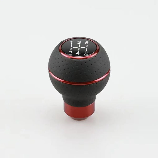 Universal 5-Speed Leather Gear Shift Knob with red accents for enhanced driving comfort and precision.