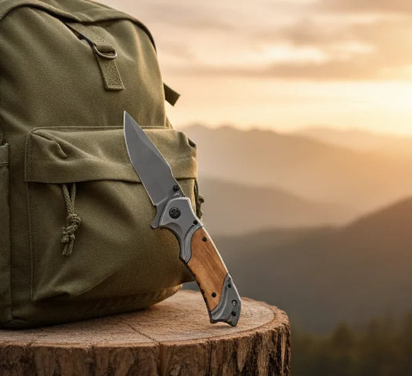 3D Pattern Blade Olive Wood Handle Pocket Knife next to a backpack on a log in a scenic outdoor setting.