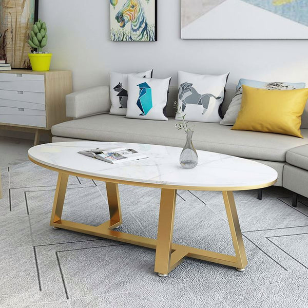 Oval Faux Marble Coffee Table with Gold Metal Base