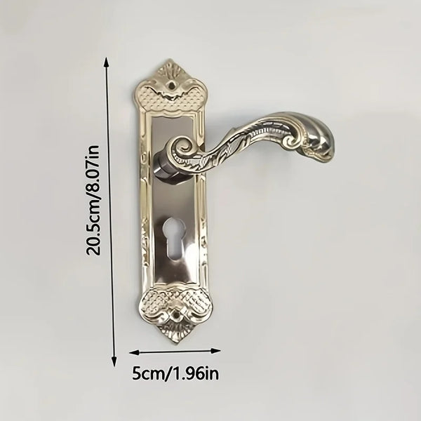 European Retro Style Door Lock set with ornate design and dimensions on a light background.