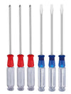 Set of crystal magnetic cross word screwdrivers with red and blue handles for home repairs and tightening screws.