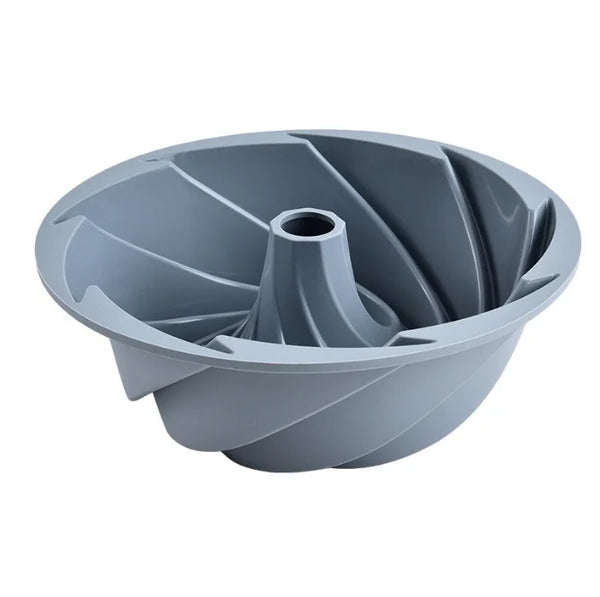 Silicone Spiral Chiffon Cake Mold in gray color, featuring a unique spiral design for baking elegant desserts.