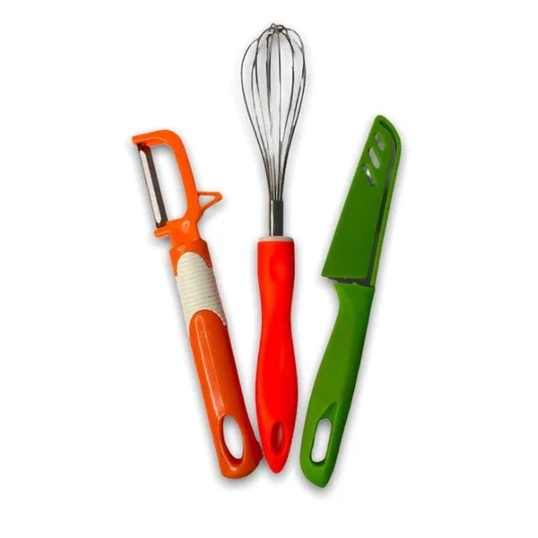 Portable 3 Piece Colorful Kitchen Tool Set including peeler, whisk, and knife for easy cooking and food prep.