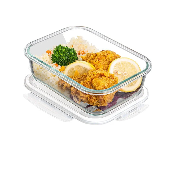 High Borosilicate Microwaveable Glass Lunch Box filled with rice, broccoli, and fried chicken.