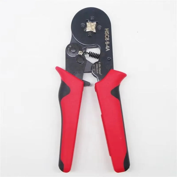 Tubular Terminal Crimping Pliers with red ergonomic handles for secure electrical connections