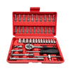 46-Piece All-in-One Socket Wrench Tool Set in a red storage case with various sockets and wrench tools arranged neatly.