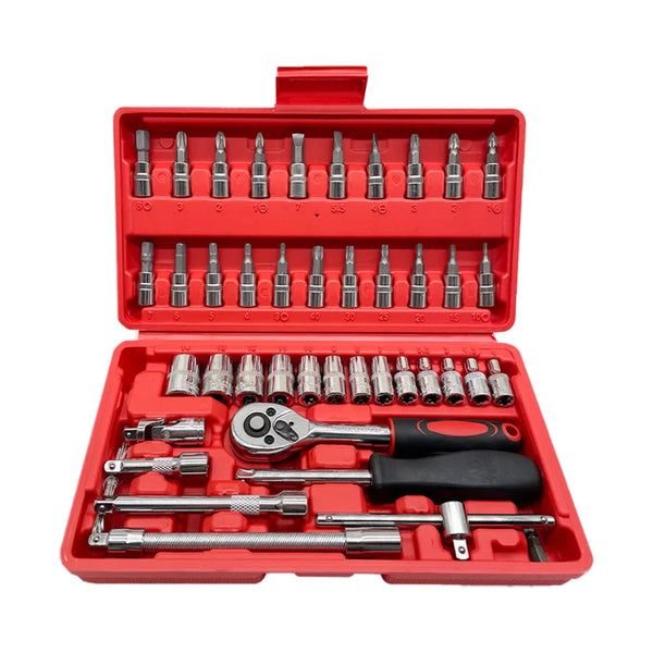 46-Piece All-in-One Socket Wrench Tool Set in a red storage case with various sockets and wrench tools arranged neatly.