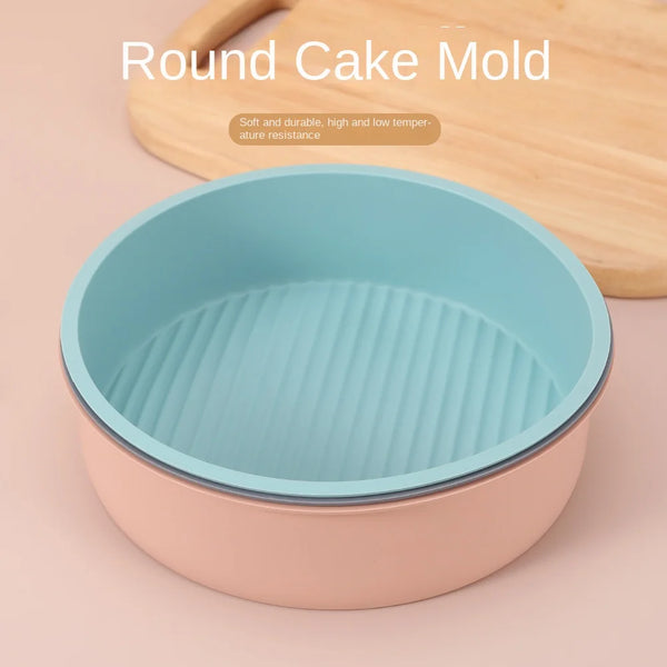 8.8 Inch Round Silicone Cake Baking Pan in a round mold with a blue interior and pastel exterior.