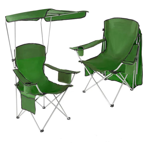 Folding Beach Chair with Sunshade Canopy in green, featuring adjustable canopy and cup holder.