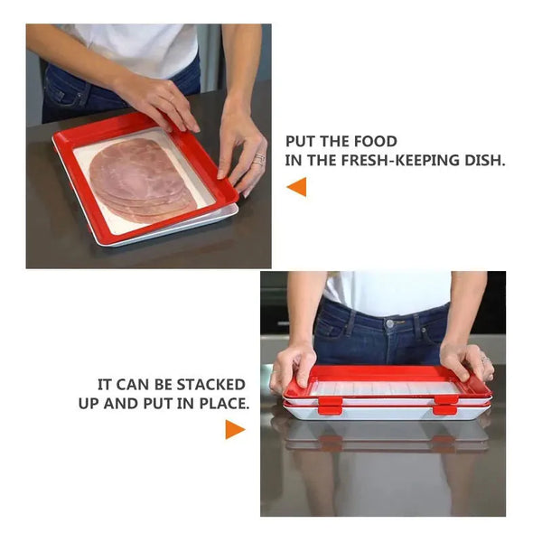 Reusable Stackable Food Preservation Trays with Stretch Covers demonstrating food placement and stacking capability.