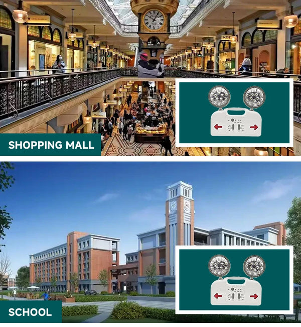 8 Hour Emergency LED Lights 10 W displayed in a shopping mall and a school environment for versatile illumination.