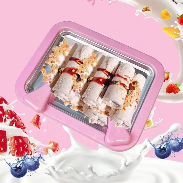 Mini Frozen Treat Maker showcasing rolled ice cream with toppings on a pink background, perfect for homemade desserts.