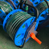 Durable Garden Irrigation Hose Reel with Hose displayed in a close-up view, showcasing its blue design and hose storage features.