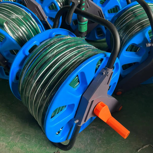 Durable Garden Irrigation Hose Reel with Hose displayed in a close-up view, showcasing its blue design and hose storage features.