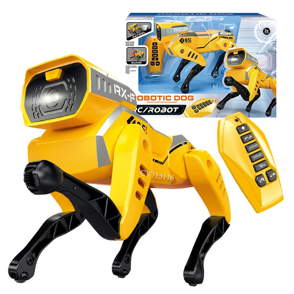STEM Smart RC Robot Dog Toy featuring a yellow robotic dog with a remote control and packaging.
