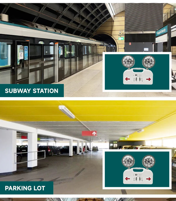 Image showing 8 Hour Emergency LED Lights 10 W in use at a subway station and parking lot for effective illumination.