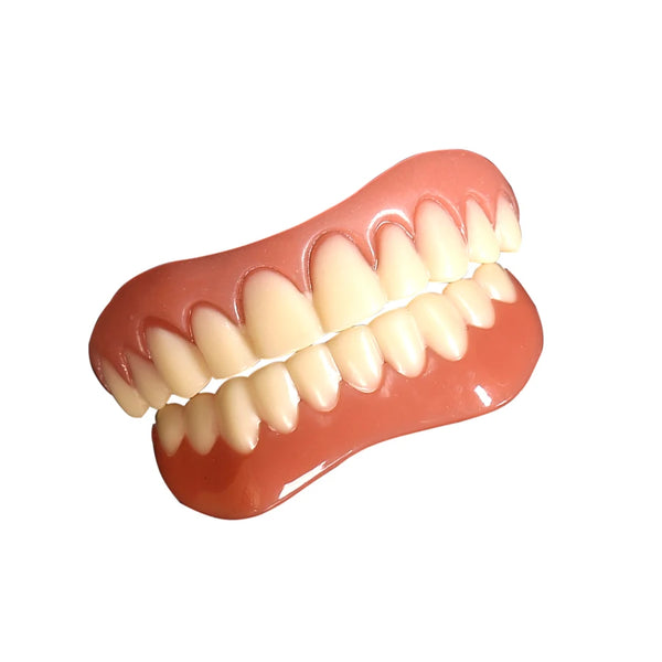 Upper and Lower False Teeth Veneer Covers displayed on a white background, showcasing a bright, confident smile.