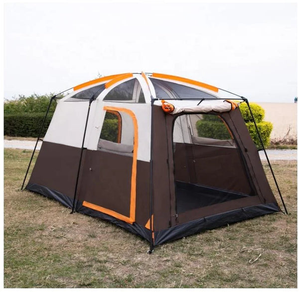 Large 6 Person Family Camping Tent set up outdoors with spacious design and mesh windows for ventilation.