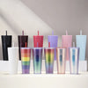 Matte Black Studded Bling Cup Tumbler collection in various colors and patterns displayed on a shelf.