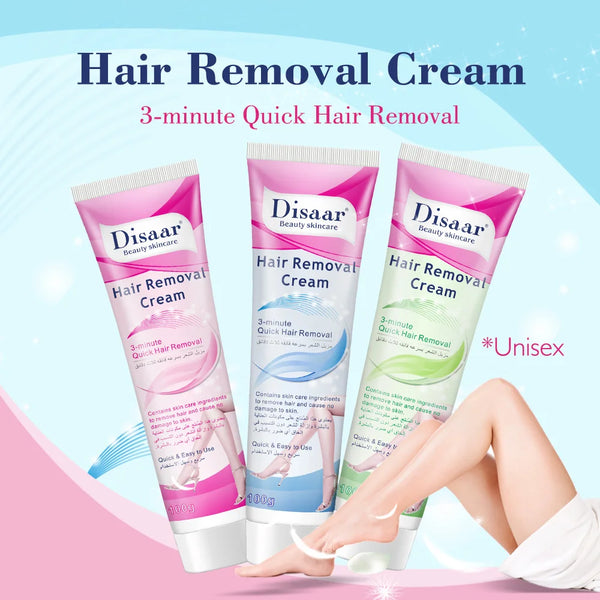 Natural Quick Permanent Hair Removal Cream by Disaar displayed in three tubes with a model's leg.