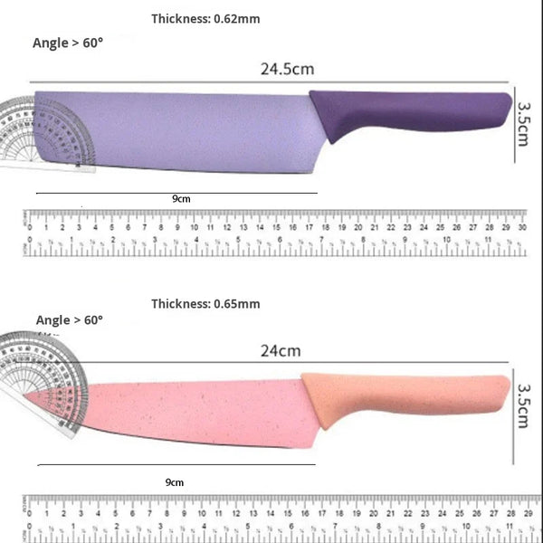 Non-Stick Stainless Steel 6 Piece Knife Collection showing purple and pink knives with dimensions and thickness.