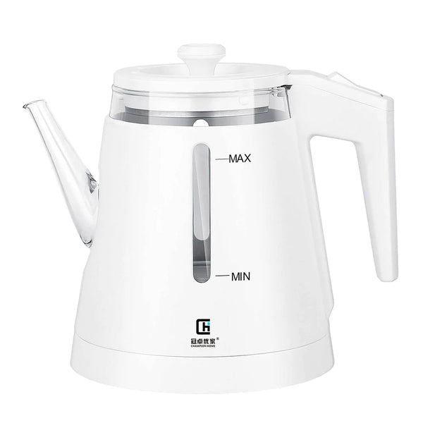 Borosilicate Double Wall Glass Electric Kettle in sleek white design with visible max and min water level indicators.